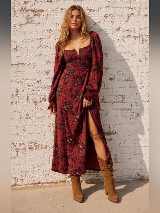 Free People Dresses & Skirts - Free People Jaymes Midi/Maxi Long Sleeve Dress Burgundy Combo